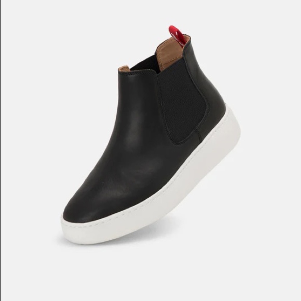 Black Leather Slip-On Chelsea Sneaker with White Sole